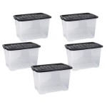 Strata 5 x 65 Litres Curve Plastic Stackable Storage Box & Lid Clear/Black Lid